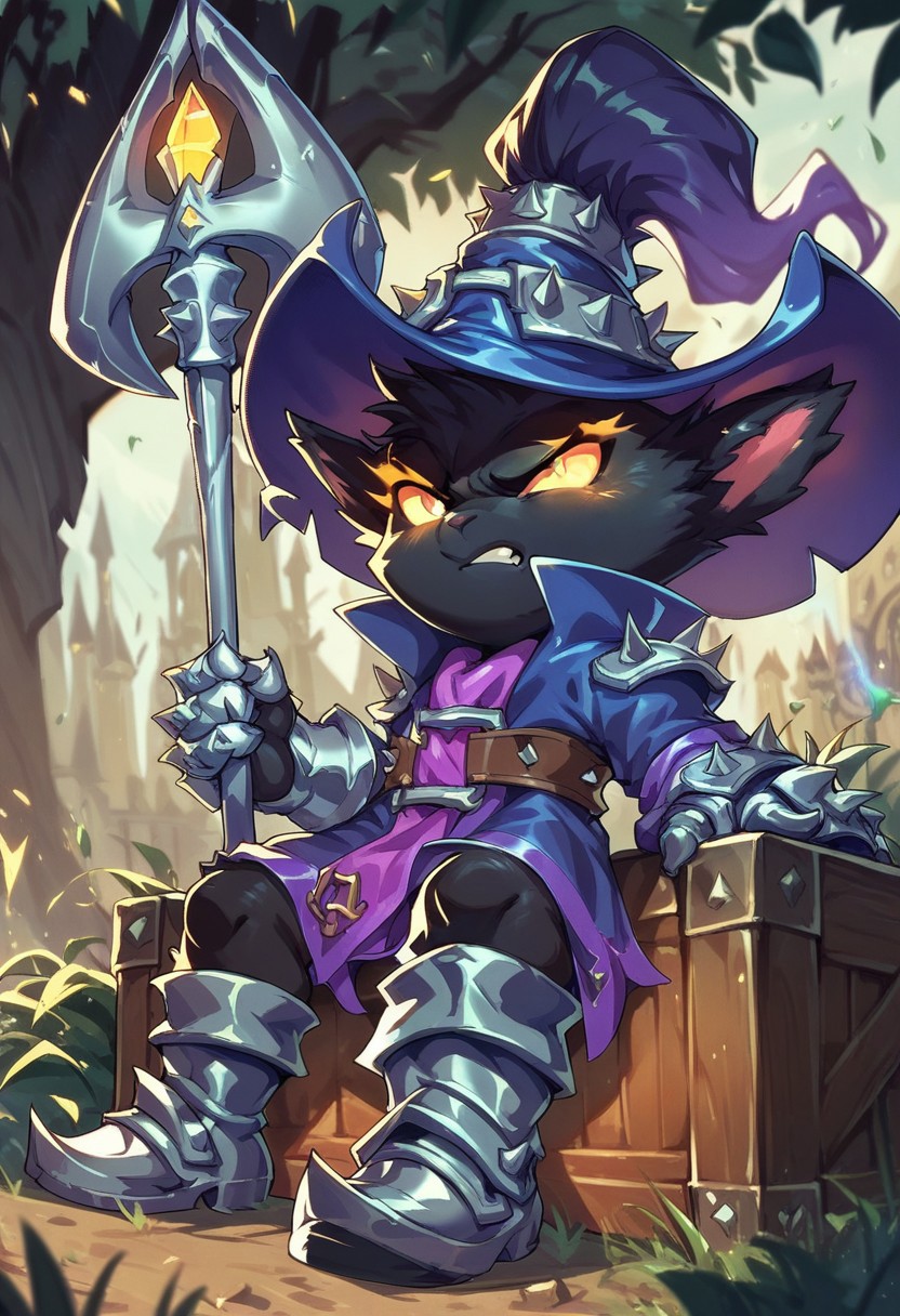 score_9, score_8_up, score_7_up, ultra quality, 1boy, yordle, shortstack, veigarxl, wizard mantle, black fur, glowing eyes, gauntlets, sitting, on crate, green lush background, angry, boots, spiky, holding staff, wizard hat