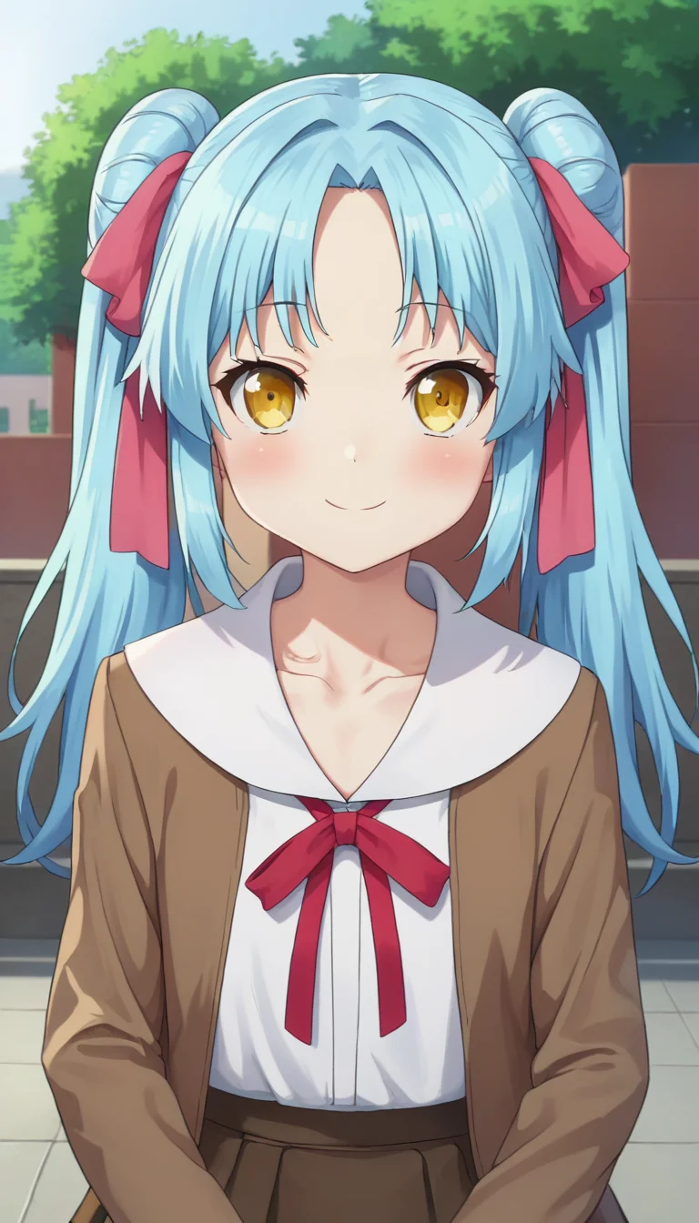 score_9,score_8_up,masterpiece,best quality,correct anatomy,anime_source,1girl,solo,perfect eyes,perfect arms,perfect legs,perfect face,outdoors,upper body,(portrait:1.5),looking at viewer,facing viewer,smile,blush,Ghutatan,long hair,blue hair,double bun,twintails,hair bow,hair ribbon,pink ribbon,sidelocks,hair between eyes,parted bangs,yellow eyes,collarbone,brown jacket,open jacket,red ribbon,neck ribbon,white shirt,collared shirt,white sailor collar,flat chest,long sleeves,brown skirt,frilled skirt,white socks,loafers,<lora:Ghutatan(hns)-Pony:1.4>,