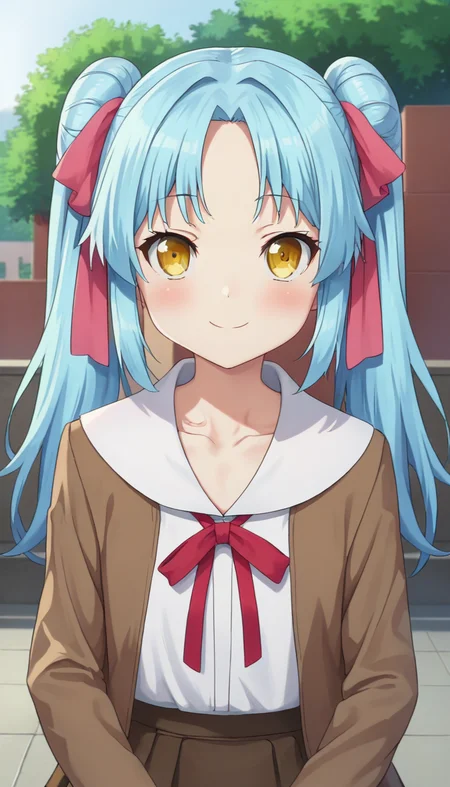 score_9,score_8_up,masterpiece,best quality,correct anatomy,anime_source,1girl,solo,perfect eyes,perfect arms,perfect legs,perfect face,outdoors,upper body,(portrait:1.5),looking at viewer,facing viewer,smile,blush,Ghutatan,long hair,blue hair,double bun,twintails,hair bow,hair ribbon,pink ribbon,sidelocks,hair between eyes,parted bangs,yellow eyes,collarbone,brown jacket,open jacket,red ribbon,neck ribbon,white shirt,collared shirt,white sailor collar,flat chest,long sleeves,brown skirt,frilled skirt,white socks,loafers,<lora:Ghutatan(hns)-Pony:1.4>,
