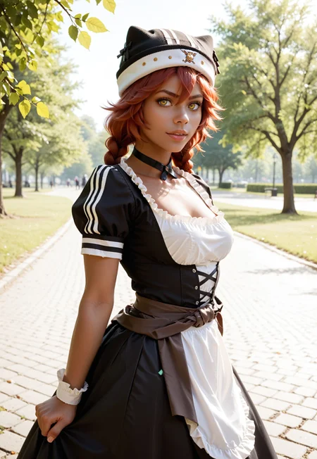 score_9, score_8_up, score_7_up, score_6_up, score_5_up, score_4_up, ((lupusregina beta)), (brown skin:1.3), yellow eyes, red hair, twin braids, black headwear, hat, solo, maid dress, maid skirt, black choker BREAK park, angled shot, dynamic pose, dynamic angle