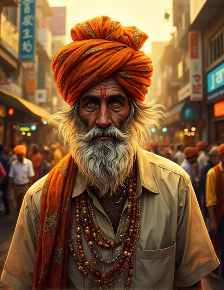 <lora:ck-LttleGhost-000011.safetensors:1> in the style of ck-lttlegh0stThe elderly Indian man stands tall in the midst of a vibrant city street, his long white beard a striking contrast to the riot of color that surrounds him. His turban, wrapped in an intense orange hue, seems to pulse with energy, as if infused with the very essence of the bustling scene before him. The button-up shirt he wears is a masterpiece of textile artistry, with intricate patterns dancing across its surface like wisps of smoke on a summer breeze. Around his neck, multiple strands of beads glimmer in shades of amber and crimson, casting hypnotic rhythms as they sway with each gentle movement of his head.
His eyes, aged and wise beyond measure, seem to hold the secrets of generations within their depths, yet still sparkle with a mischievous light that hints at untold stories and laughter. The turban itself is a work of art, with delicate gold thread embroidered in intricate patterns that shimmer like the city's neon lights reflected off the wet pavement.
As I gaze upon this image, my attention is drawn to the beads around his neck - a mesmerizing latticework of amber, crimson, and silver that seems to capture the very essence of the city itself. The background, once chaotic, now takes on a dreamlike quality, with buildings and signs dissolving into soft-edged shapes like watercolors bleeding across the page.
The image is bathed in a warm haze, as if the sun itself had taken up residence above, casting a golden glow that highlights the intricate textures of the man's beard and turban. I am drawn to the way his shirt, with its swirling patterns, appears to be alive, writhing like a living serpent across his chest.
In this moment, the world around him dissolves, and all attention is fixed on this dignified, yet whimsical figure, whose secrets and stories remain forever locked in the depths of his eyes.