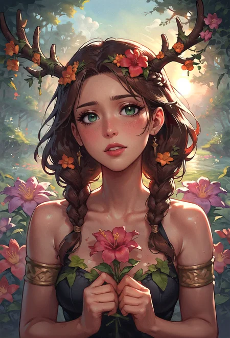 score_9, score_8_up, score_7_up, 1girl, black leotard, shiny skin, blush, chestnut brown hair, crownbraid twintails, looking at viewer, sunset, flowers in a flower meadow, nature, lush green forest, antlers <lora:sdxl\Concept Art Twilight Style SDXL_LoRA_Pony Diffusion V6 XL:0.8> <lora:sdxl\Smooth Style 2 SDXL_LoRA_Pony Diffusion V6 XL:0.8>