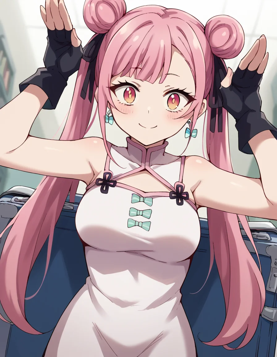 score_9, score_8_up, score_7_up, source_anime, <lora:tao-yuifa-s1-ponyxl-lora-nochekaiser:1>, tao yuifa, long hair, bangs, twintails, hair ribbon, pink hair, pink eyes, hair bun, double bun, medium breasts,, gloves, dress, bare shoulders, jewelry, earrings, black gloves, fingerless gloves, chinese clothes, china dress,, airport, waiting area, suitcase, flight delayed, passengers, reading book, , <lora:rabbit-pose-ponyxl-lora-nochekaiser:1>, rabbit pose, smile, blush,, looking at viewer, solo,, dutch angle, cowboy shot