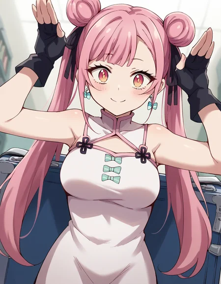 score_9, score_8_up, score_7_up, source_anime, <lora:tao-yuifa-s1-ponyxl-lora-nochekaiser:1>, tao yuifa, long hair, bangs, twintails, hair ribbon, pink hair, pink eyes, hair bun, double bun, medium breasts,, gloves, dress, bare shoulders, jewelry, earrings, black gloves, fingerless gloves, chinese clothes, china dress,, airport, waiting area, suitcase, flight delayed, passengers, reading book, , <lora:rabbit-pose-ponyxl-lora-nochekaiser:1>, rabbit pose, smile, blush,, looking at viewer, solo,, dutch angle, cowboy shot