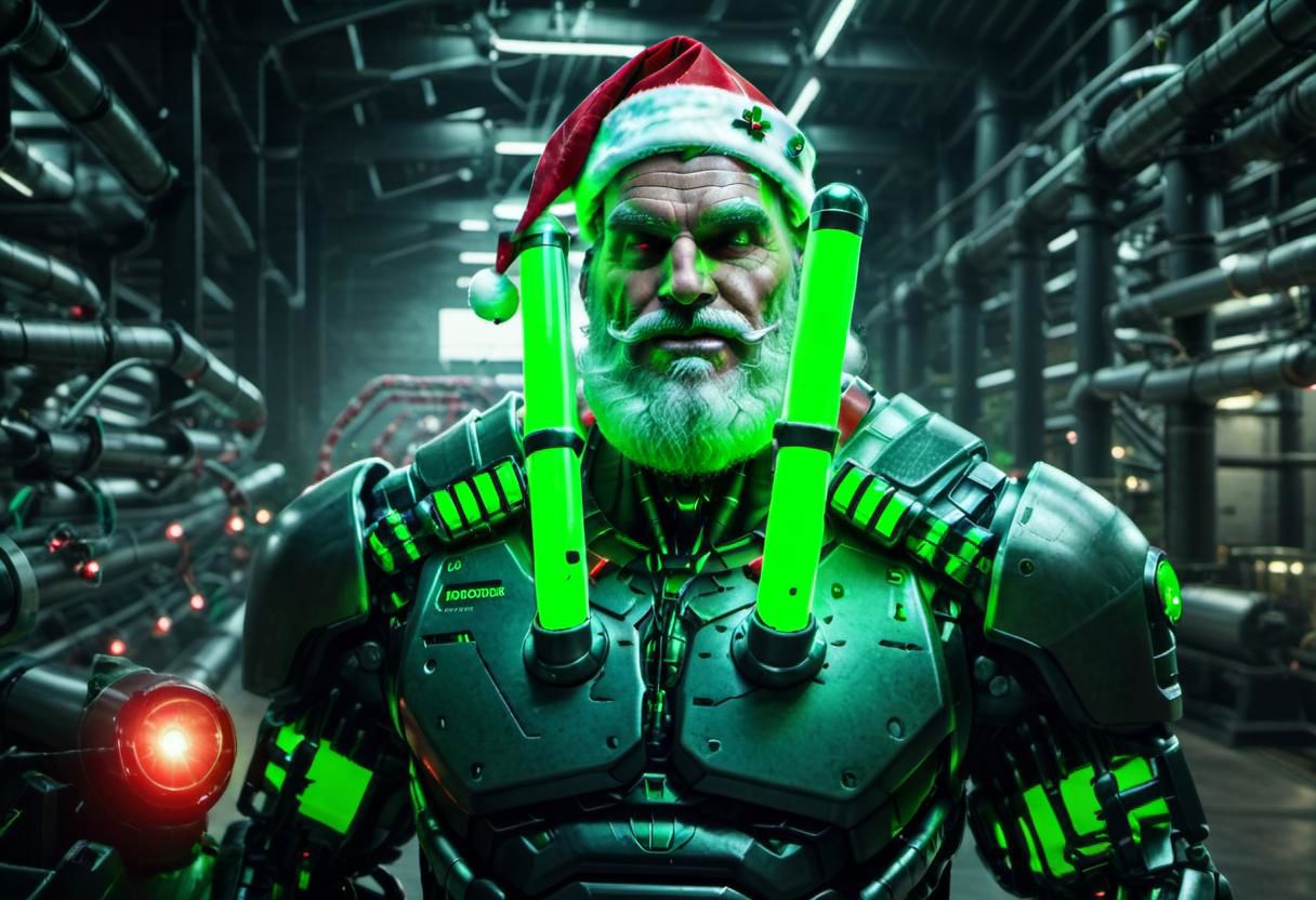 raw photo,cinematic shot,realistic,cybermutant robot santa claus with glowing red and green tubes in an industrial facility