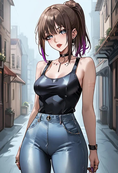 score_9, score_8_up, score_7_up, score_6_up, 1girl, expulse, medium hair, side-swepped bangs, brown hair, purple streaks, ponytail, BREAK, grey eyes, short neck, gorgeous lips, ear piercings, BREAK, medium breasts, pale skin, BREAK, solo, alone, black tanktop, tight jeans, sexy gal, no make-up (masterpiece:1.2), best quality, high resolution, unity 8k wallpaper, (illustration:0.8), (beautiful detailed eyes:1.6), extremely detailed face, perfect lighting, extremely detailed CG, (perfect hands, perfect anatomy),