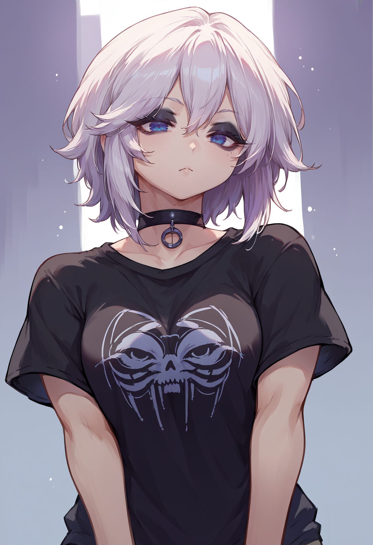 score_9, score_8_up, source_anime, 1girl, solo, HimejiShirayuki, medium hair, sidelocks, black shirt, t-shirt, black choker, goth, eyeliner, eyeshadow, <lora:ChamHimejiShirayukiPonyXL:1>