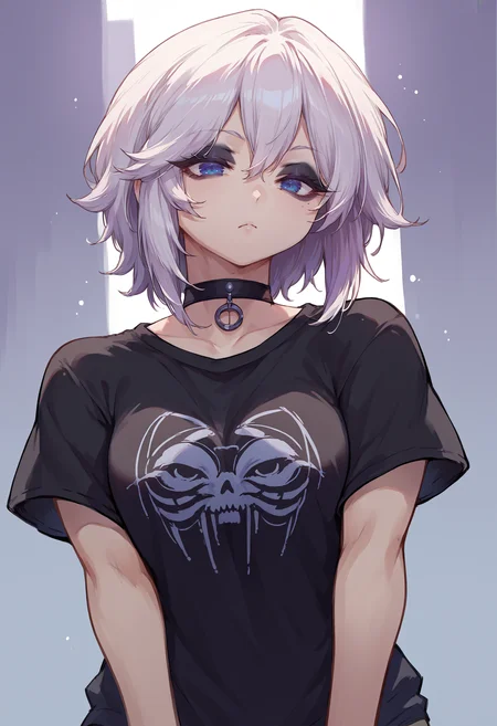 score_9, score_8_up, source_anime, 1girl, solo, HimejiShirayuki, medium hair, sidelocks, black shirt, t-shirt, black choker, goth, eyeliner, eyeshadow, <lora:ChamHimejiShirayukiPonyXL:1>