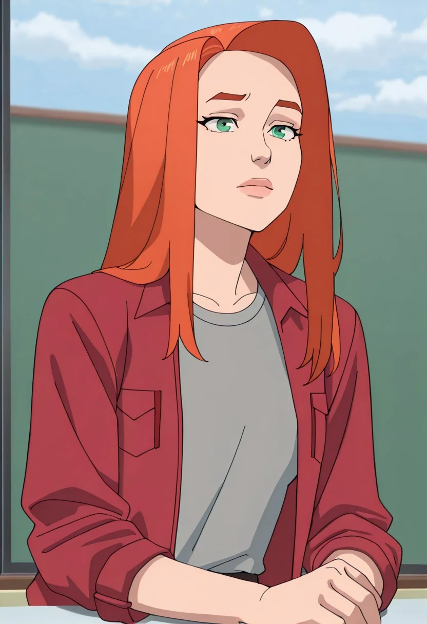 masterpiece, best quality, newest, absurdres, highres, Invincible-show-style-INVPACK.V1.0,
1girl, AT0Meve-INVPACK.V1.0, redhead, long hair, ginger, orange hair, green eyes, AT0Meve-INVPACK.V1.0-casualoutfit1, shirt, grey shirt, red jacket, open jacket AT0Meve-Evepack.V1.0-casualoutfit1