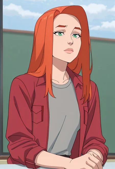 masterpiece, best quality, newest, absurdres, highres, Invincible-show-style-INVPACK.V1.0,
1girl, AT0Meve-INVPACK.V1.0, redhead, long hair, ginger, orange hair, green eyes, AT0Meve-INVPACK.V1.0-casualoutfit1, shirt, grey shirt, red jacket, open jacket AT0Meve-Evepack.V1.0-casualoutfit1