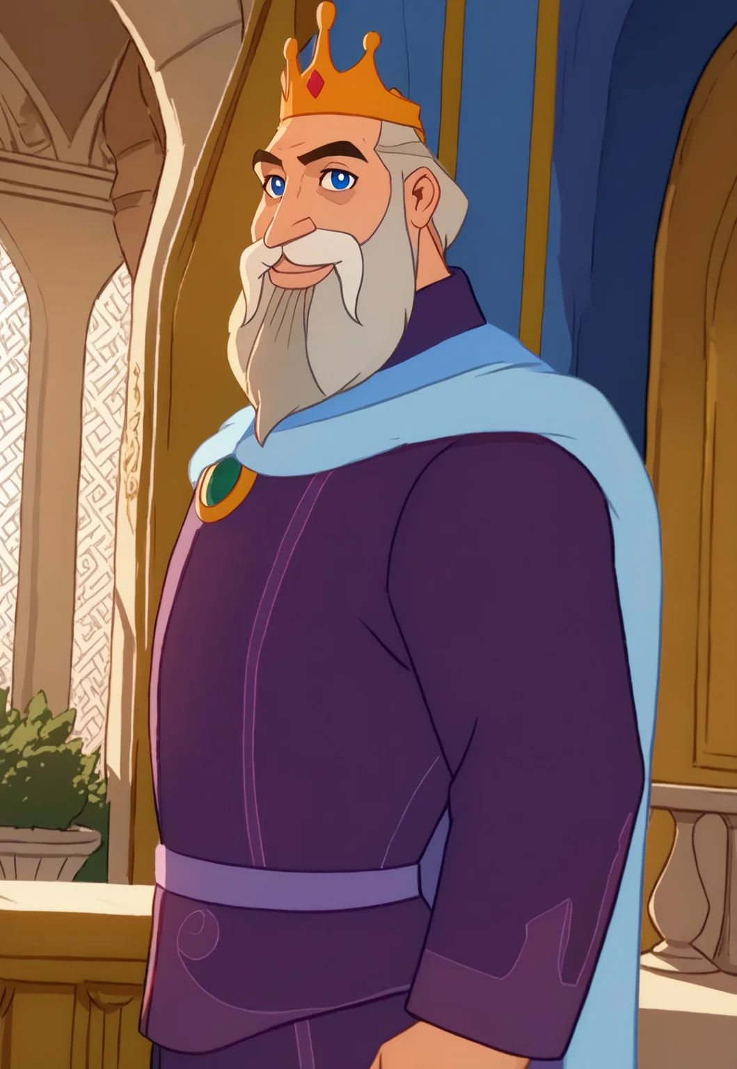 score_9, score_8_up, The King, cowboy shot, blue eyes, shirt, cape, crown, mustache, facial hair, looking at viewer, smile, royal palace balcony, a kingdom in the background, side view, detailed background, dutch angle,