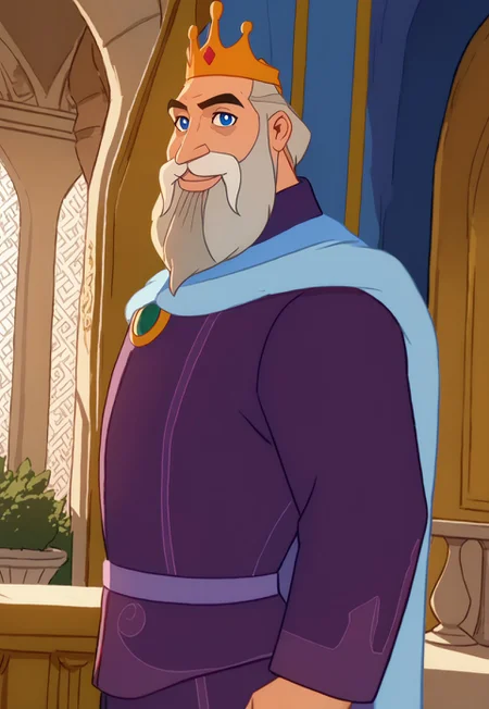 score_9, score_8_up, The King, cowboy shot, blue eyes, shirt, cape, crown, mustache, facial hair, looking at viewer, smile, royal palace balcony, a kingdom in the background, side view, detailed background, dutch angle,