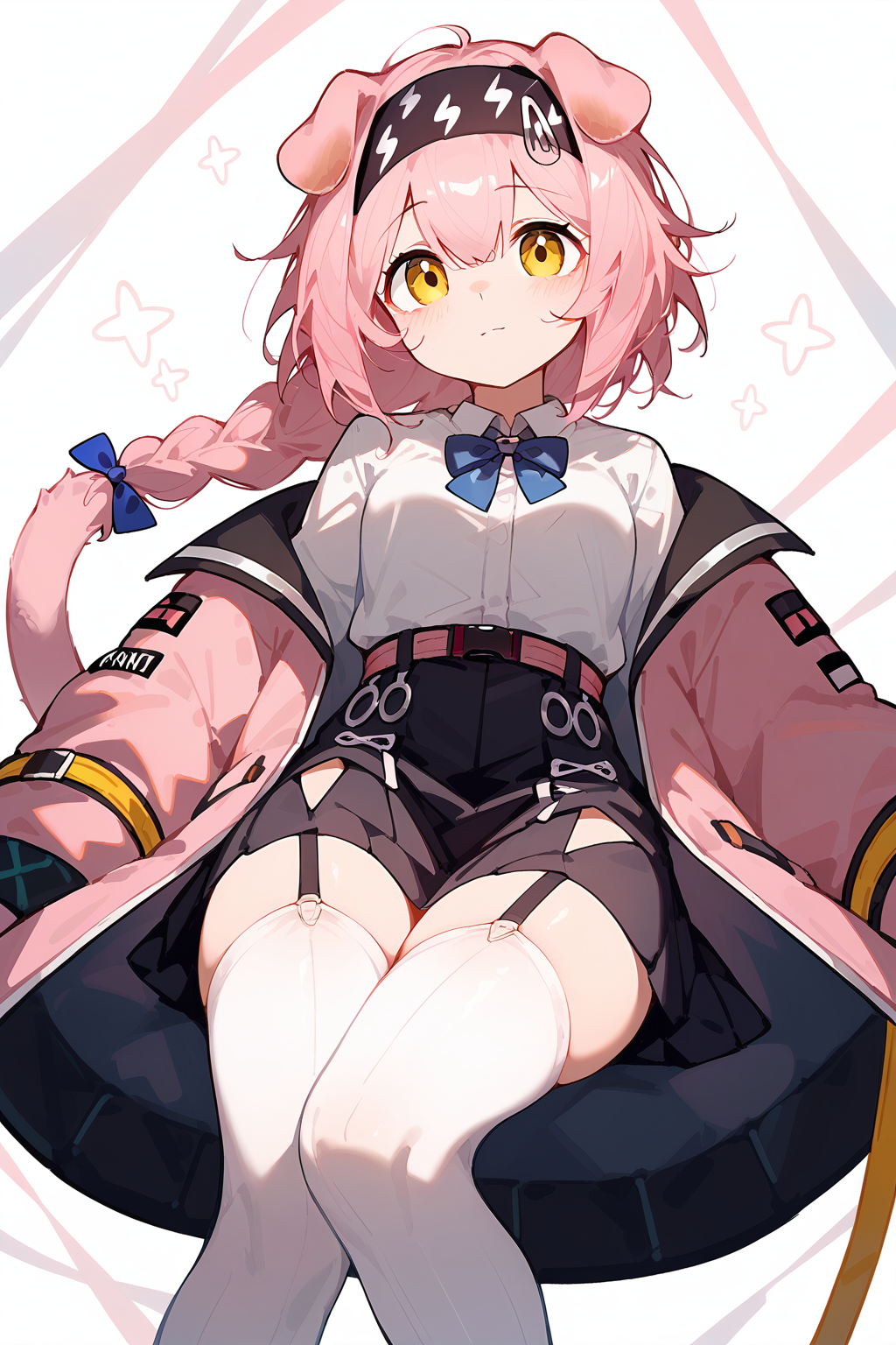 (score_9,score_8_up,score_7_up),<lora:Goldenglow(Arknights)-v1-000008:0.8>,goldenglow (arknights),1girl,solo,animal ears,yellow eyes,garter straps,cat ears,thighhighs,long hair,skirt,white thighhighs,braid,black skirt,pink hair,hairband,tail,cat tail,long sleeves,pink coat,jacket,pink jacket,bow,blue bow,looking at viewer,black hairband,cat girl,bangs,shirt,floppy ears,open clothes,open jacket,hair between eyes,white shirt,
good feet,anime,NSFW,expressive,amazing quality,ultra hd 32k,