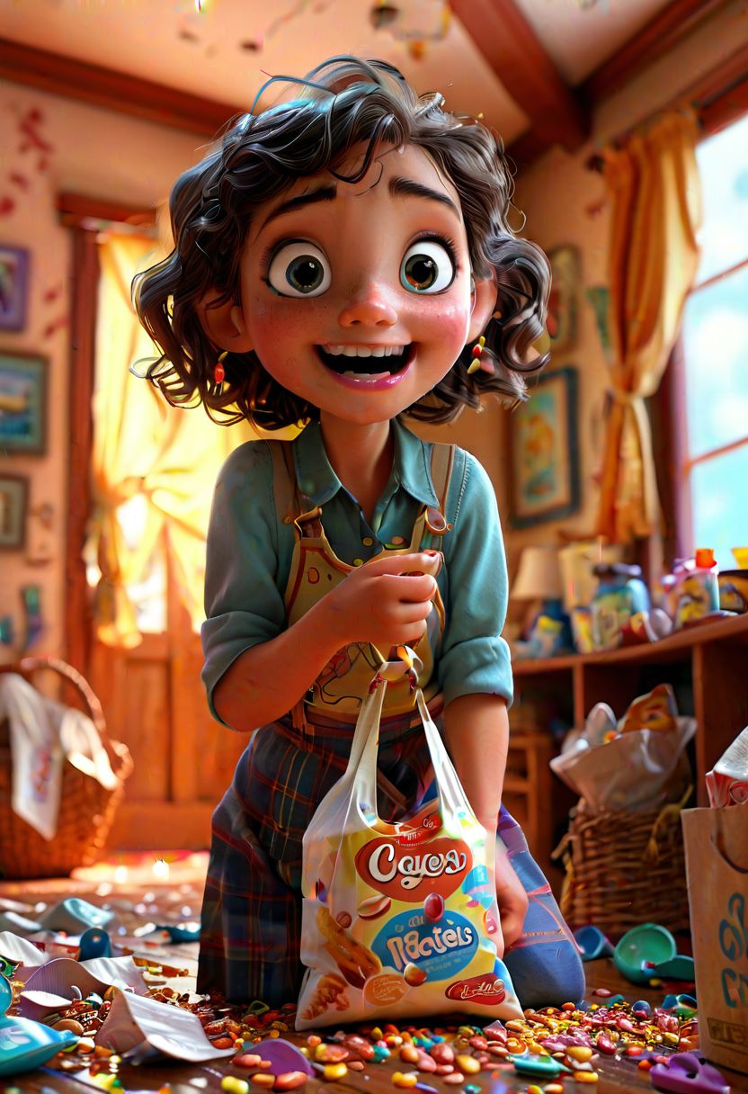 celluloid style, wave painting, american illustration, little girl holding a bag of snacks, with crumbs around her mouth, colorful watery eyes, happy, in the room, 3d, blender, oc, c4d