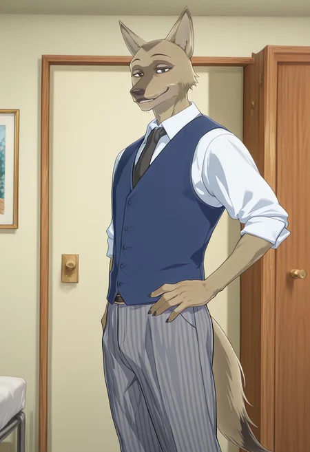 masterpiece, best quality, amazing quality, very aesthetic, absurdres, newest, high quality, detailed, male, solo male, Durham, 1boy, mature male, male, athletic build, anthro, coyote, animal ears, brown eyes, light tan and brown fur, white collared shirt, blue vest, black tie, grey striped pants, dorm room, looking at viewer, smiling, standing, one hand on hip, half lidded eyes, relaxed expression, half body, indoors, volumetric lighting