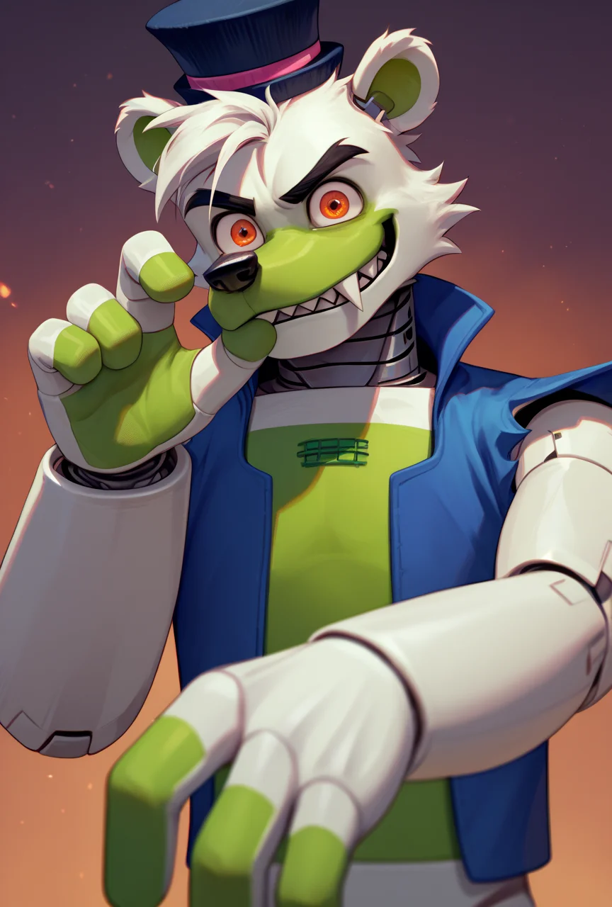 <lora:saucebear_ponyxl-10v1.1:1.7> score_9, score_8_up, score_7_up, BREAK, outdoor, solo,  (source_furry),  (saucebear), crazy smile, handsome face, (thinking pose:1.5), (large canines, sabertooth), bear ears, deep blue hat, bear ears, glowing orange eyes, ((white fur:1.5, green color front chest, gray neck, metallic neck:1)), green fingers, (four fingers on the each arms), perfect hands, (big eyes, big eye sockets),  wearing blue vest, detailed hat, male focus, detailed face, detailed ears, detailed hands, (detailed clothing), (detailed body, perfect body), detailed hair,  looking at viewer, flat chest:1.5, zPDXL2, 
<lora:Pony_DetailV2.0:1> <lora:add-detail-xl:0.55> <lora:detailed_notrigger:0.35> EyeDetail-SDXL   <lora:hand 4:0.20>