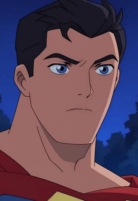 score_9_up, score_8_up, score_7_up, source_anime, anime screencap, portrait, close up of adult Superman,1man,solo,male focus, black hair, short hair, blue eyes, superman, flat color, outdoors, night, blue_background, 1990s_\(style\), closed_mouth, silhouette, dark