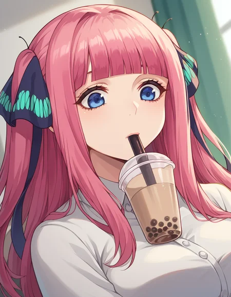 score_9, score_8_up, score_7_up, source_anime, <lora:nnakano-s1-ponyxl-lora-nochekaiser:1>, long hair, bangs, blue eyes, hair ornament, hair ribbon, pink hair, blunt bangs, two side up, butterfly hair ornament, mature female,, <lora:bubble-tea-challenge-ponyxl-lora-nochekaiser:1>, bubble tea challenge, bubble tea, object on breast, drinking straw, drinking straw in mouth, drinking, cup,, indoors, sitting, looking down,, cowboy shot, dutch angle,