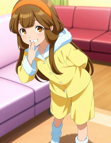 masterpiece,best quality,amazing quality,newest,absurdres,very aesthetic,anime screenshot,anime screencap,anime coloring,general BREAK depth of field,1girl,kinako, brown hair, long hair,orange headband,fluffy headband,brown eyes,grin,motion line,open mouth,teeth,looking at viewer,(one-piece pajama,fleece pajama,fuzzy pajama:1.3),oversized pajama,yellow pajama,long sleeves,baggy pants,fluffy hood,hood down,fluffy gloves,white gloves,fluffy socks,white socks,standing floor,(one leg up:0.6),cute motion,leaning forward,(one hand to own mouth,one hand behind back:1.2),(6 fingers,7 fingers:-1.8),lounge room,sofa <lora:add-detail-xl:1.1> , <lora:kinako:1> , <lora:LECO_GoodHands:-2> , <lora:LECO_BadHands:2>