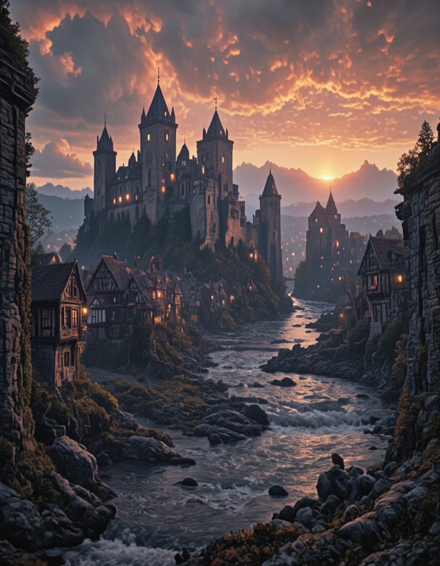 <lora:Medieval_Worlds_Special_fl:1> medieval, very detailed, rough river, illuminated, mw01out, realistic photo, bokeh, white, gold, T2, T9, fire sky, scenery, dead rocky ground, orange clouds, dark, city lights, tower, houses,
