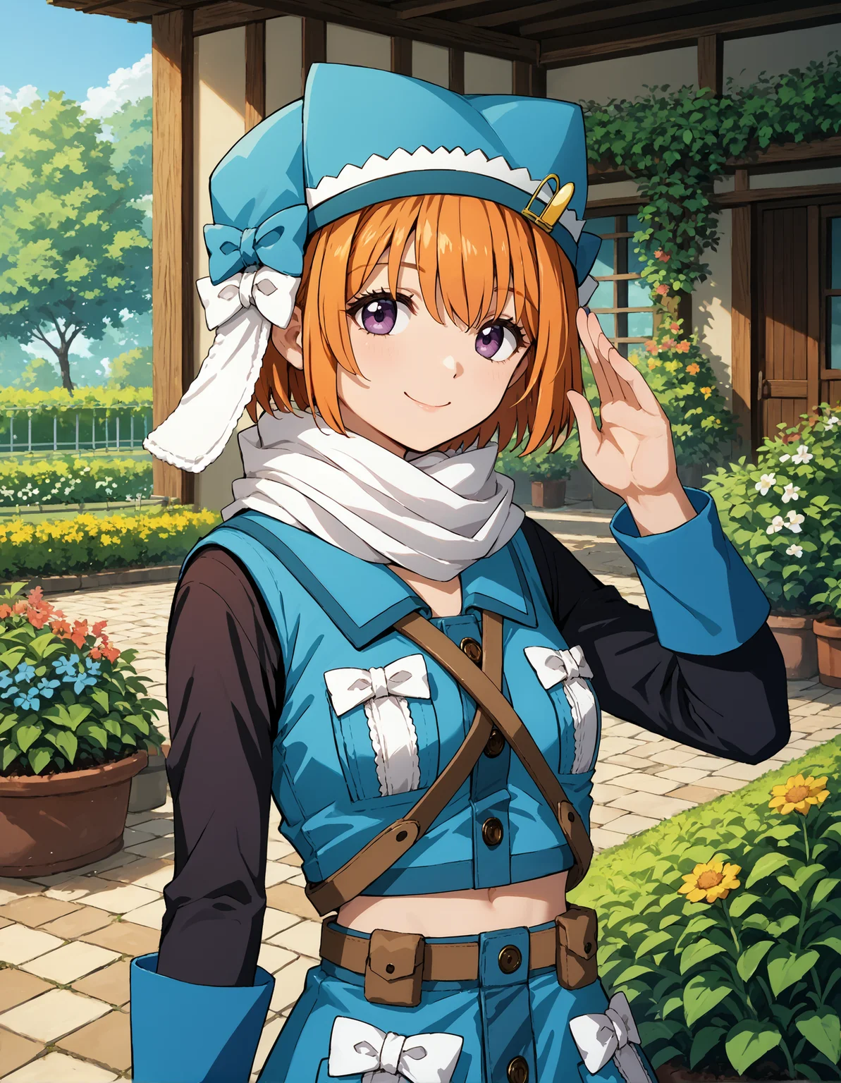 score_9, score_8_up, source_anime, 1girl, upper body, medium shot, detailed, mgrcmiuraasahi, miumgc, orange hair, short hair, purple eyes, blue ushanka hat, yellow hairpin, white scarf, blue buttoned vest, white bows, brown shoulder straps, black sleeves, blue sleeve cuffs, brown belt, blue buttoned skirt, saluting, light smile, outdoors, garden, evening, <lora:mgrcmiuraasahi_XL:0.9>