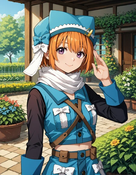 score_9, score_8_up, source_anime, 1girl, upper body, medium shot, detailed, mgrcmiuraasahi, miumgc, orange hair, short hair, purple eyes, blue ushanka hat, yellow hairpin, white scarf, blue buttoned vest, white bows, brown shoulder straps, black sleeves, blue sleeve cuffs, brown belt, blue buttoned skirt, saluting, light smile, outdoors, garden, evening, <lora:mgrcmiuraasahi_XL:0.9>