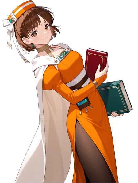 masterpiece,best quality,newest,
1girl,solo,
<lora:Elfir_Traum_ilxl_v1.2:1>,e_hat,elfir_traum,short hair,brown hair,brown eyes,e_clothes,bridal gauntlets,black_pantyhose,
<lora:Fixhands_anime_bdsqlsz_V1:1>,dynamic_angle,cinematic_angle,smile,posing,simple_background,white background,standing,holding_book,