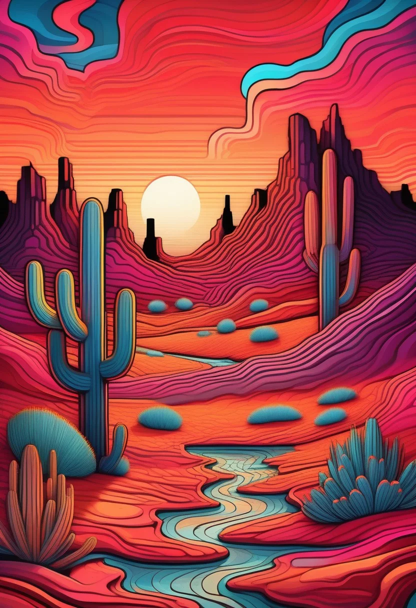 Rolling desert landscapes of the American Southwest in a vibrant psychedelic style, with bold, surreal colors separated by sharp black lines, creating a stained-glass effect. Towering red rock formations and mesas in the distance, stylized with vivid hues of orange, pink, and turquoise. Sparse desert vegetation like cacti and sagebrush rendered in exaggerated, kaleidoscopic patterns. A small pueblo-style village nestled in the valley, its adobe structures glowing with warm, earthy tones. The sun setting in a fragmented, geometric sky, casting a dreamlike glow over the scene. Highly detailed, surreal composition, inspired by psychedelic art and Southwestern aesthetics, 8K resolution, vivid and trippy yet harmonious color palette, a mesmerizing and otherworldly mood.
linquivera