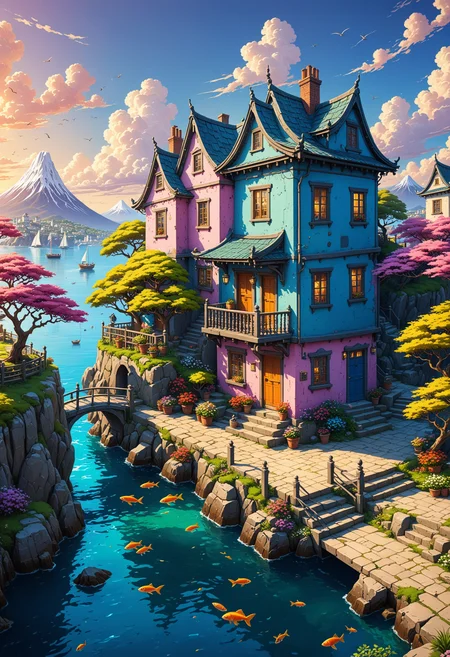 a detailed illustration of a vivid and cute Cartoon style fine art photo of ancient houses arthouse art,in the style of seaside vistas,vibrant airy scenes,cinematic,highly detailed,incredible quality,very inspirational,mystical,glowing,deep aesthetic,beautiful,striking,rich vivid colors,winning grand elaborate complex artistic fine detail intricate amazing surreal breathtaking great composition,wonderful dynamic dramatic atmosphere,spectacular epic,scenic,fascinating,creative,sublime,cinematic,extremely complimentary color,winning,perfect,awesome,full,very creative,touching,beautiful,elegant,luxury,inspired,vibrant,fantastic,fabulous,lovely,marvelous,dazzling,brilliant,enormous,wonderful,flowing,bright,outstanding,splendid,astonishing,incredible,, ultra quality, ultra detailed. Conceptual, creative, artistic, aesthetic in Harajuku style. Japanese street fashion, eclectic, colorful, anime . Simplified features, exaggerated expressions, bold outlines, vibrant colors, by artists like Charles Schulz head print, fantasy flower splash, vintage t-shirt design, in the style of Studio Ghibli, pastel tetradic colors of white, lilac and navy blue flora, 3D vector art, cute and quirky, fantasy art, watercolor effect, bokeh, Adobe Illustrator, hand-drawn, digital painting, low-poly, soft lighting, overhead view, isometric style, retro aesthetic, character focus, 4K resolution, photorealistic rendering, using Cinema 4D