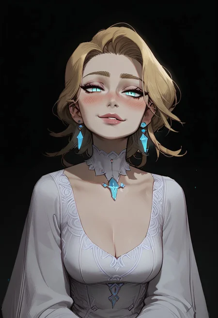score_9, score_8_up, score_8. score_9, score_8_up, score_7_up, score_6_up, masterpiece, 4k, high quality, (best quality:1.1), ExpressiveH,(close up)
1girl, GlaciaPDXL, medium breasts, blushing,looking at viewer, seductive smile, g0dd3ss, white dress, cleavage
black background