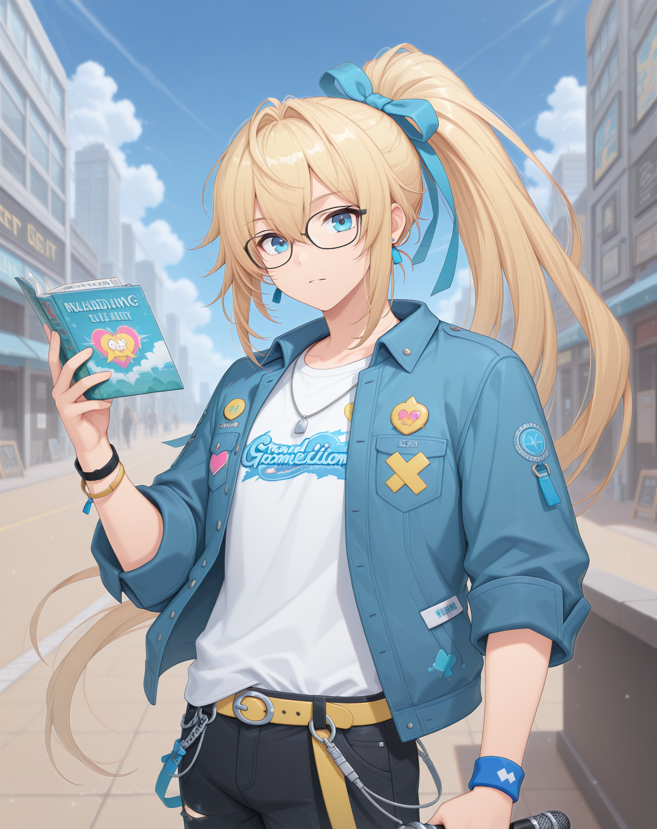masterpiece, amazing quality, best quality, absurdres, very aesthetic,
1boy, solo, yaoi, male focus, cowboy shot, upper body, looking at viewer, face focus,
<lora:Grandiel_Commentator_ilxl:1>  grandielcommentator, blonde hair, blue eyes, glasses, high ponytail, black-framed eyewear, hair between eyes, sidelocks, hair intakes,
torn pants, yellow belt, sneakers, denim, black pants,blue footwear, torn jeans, white footwear, zipper pull tab, belt buckle,
blue jacket, white shirt, torn clothes, open jacket, button badge, open clothes, blue bow, hair bow, blue ribbon,t-shirt, fanny pack, multicolored footwear, sleeves past elbows, pocket, short sleeves,tachi-e, long sleeves, clothes writing, print jacket, print shirt,hooded jacket, hair ribbon,
holding book, holding microphone, open book,
jewelry, wristband, bracelet, necklace, heart, earrings,
outdoors, day, blue sky,