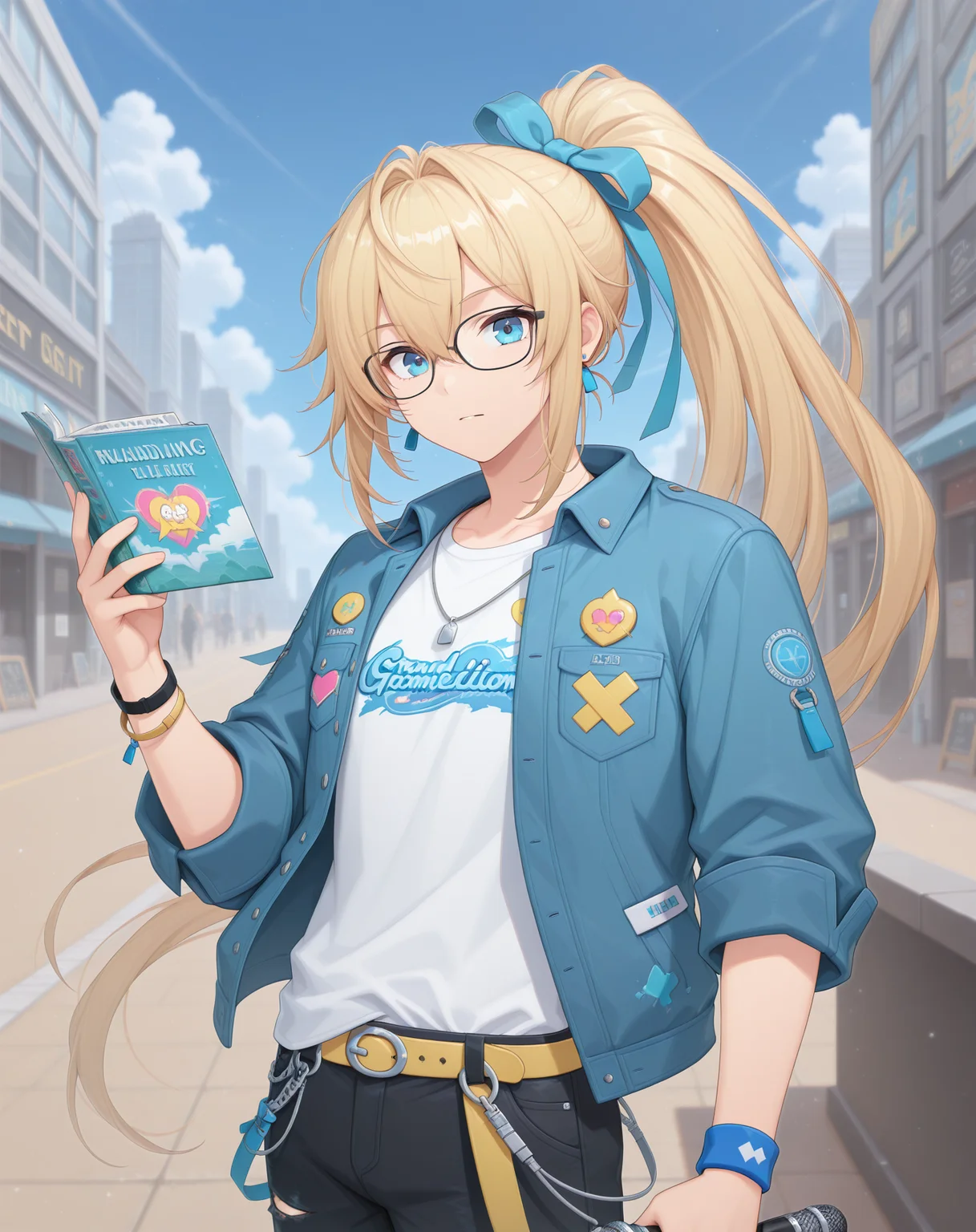masterpiece, amazing quality, best quality, absurdres, very aesthetic,
1boy, solo, yaoi, male focus, cowboy shot, upper body, looking at viewer, face focus,
<lora:Grandiel_Commentator_ilxl:1> grandielcommentator, blonde hair, blue eyes, glasses, high ponytail, black-framed eyewear, hair between eyes, sidelocks, hair intakes,
torn pants, yellow belt, sneakers, denim, black pants,blue footwear, torn jeans, white footwear, zipper pull tab, belt buckle,
blue jacket, white shirt, torn clothes, open jacket, button badge, open clothes, blue bow, hair bow, blue ribbon,t-shirt, fanny pack, multicolored footwear, sleeves past elbows, pocket, short sleeves,tachi-e, long sleeves, clothes writing, print jacket, print shirt,hooded jacket, hair ribbon,
holding book, holding microphone, open book,
jewelry, wristband, bracelet, necklace, heart, earrings,
outdoors, day, blue sky,