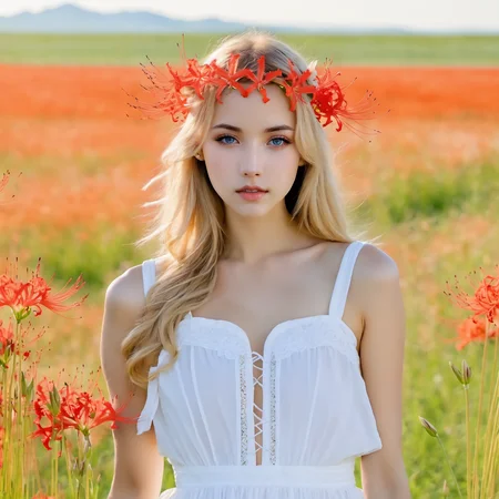 8k, UHD, beautiful face, beautiful fair skin, beautiful background, grasslands, Higanbana are blooming all over, flower, bloom, BREAK
1girl, solo, standing, white sundress, cowboy shot, blond hair, blue eyes, <lora:higanbanaXL:1>