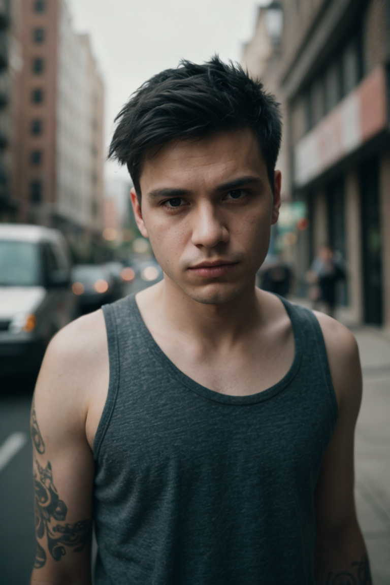 Film still, cinematic, photo of a man, band promo, emo guy, detailed skin texture, shot on film, vibrant colors, bokeh, motion blur,