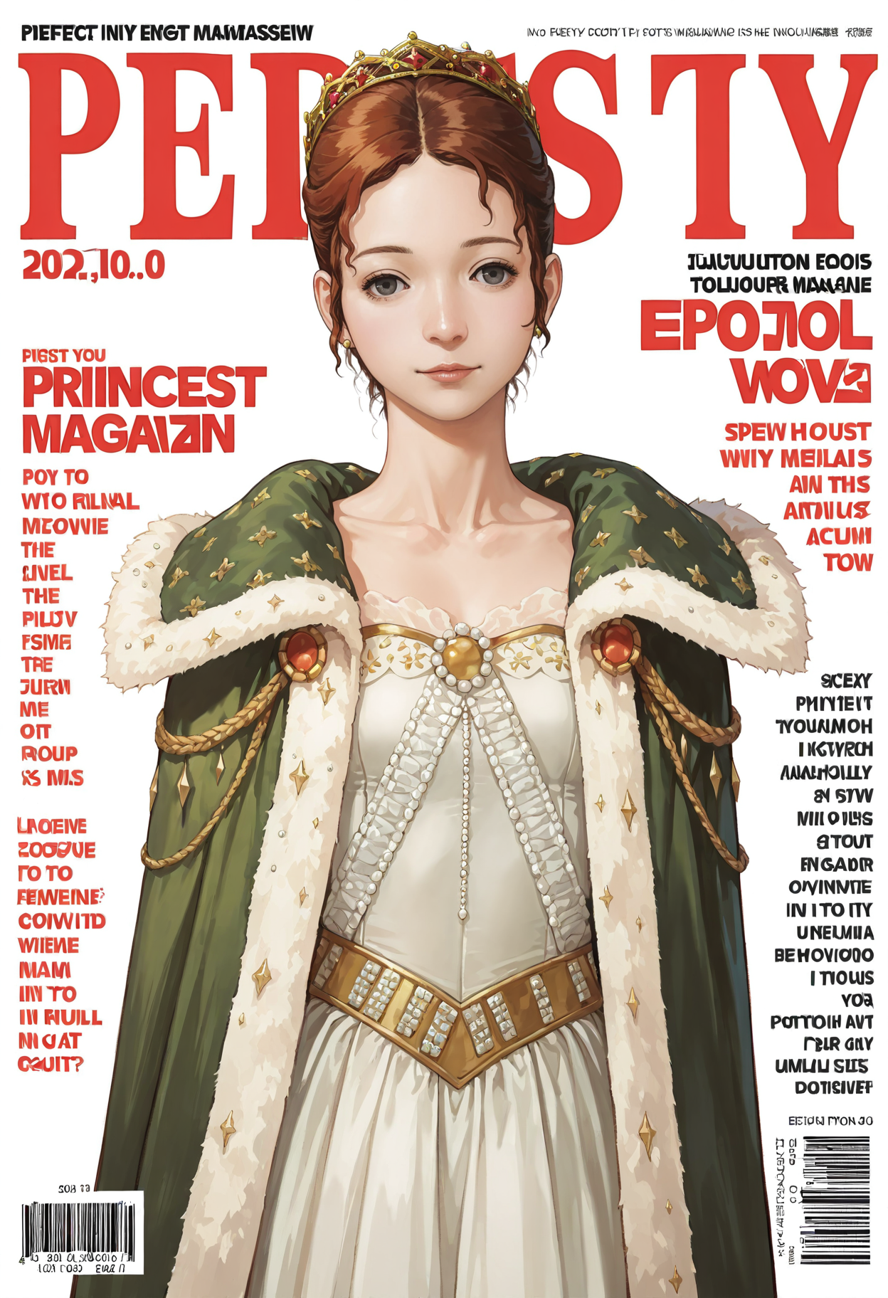 <lora:add-detail-xl:1>,masterpiece,best quality,absurdres,highres,detailed eyes,beautiful,detailed background,perfect eyes,realistic,solo,
<lora:magazine-cover-illustriousxl-lora-nochekaiser:1>,magazine cover,fake magazine cover,english text,cover,fake cover,price,cover page,text focus,barcode,dated,cowboy shot,sexy pose,
<lora:Sharurotto:1>,1girl,brown hair,lips,grey eyes,brown eyes,black eyes,eyelashes,red hair,jewelry,crown,tiara,dress,princess,earrings,cape,hair up,collarbone,short hair,fur trim,light smile,