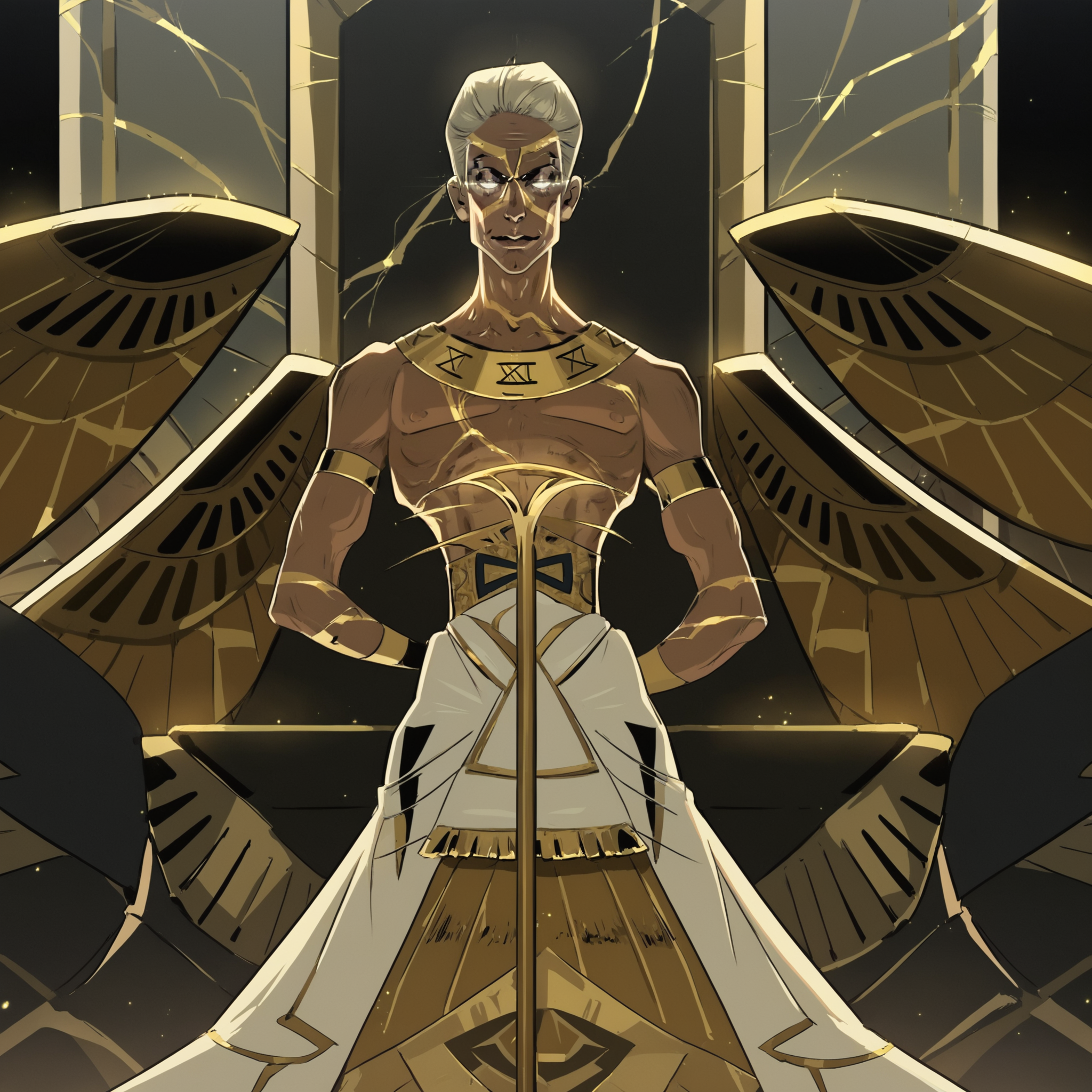 score_9, score_8_up, score_7_up, score_6_up, score_5_up, score_4_up, hadestwochronos, 1boy, full body shot, sitting on throne, crossed legs, looking at viewer, confident, regal, golden throne room background, grandiose, luxurious, ornate throne, golden wings, wings, intricate carvings, gold leaf, red velvet cushions, high-backed, majestic, marble floor, golden pillars, crystal chandeliers, rich tapestries, royal symbols, warm lighting, opulence, authority, power, elegance, commanding presence, royal attire, golden crown, poised, dignified, sophisticated, kingly, authoritative atmosphere, stately, royal court