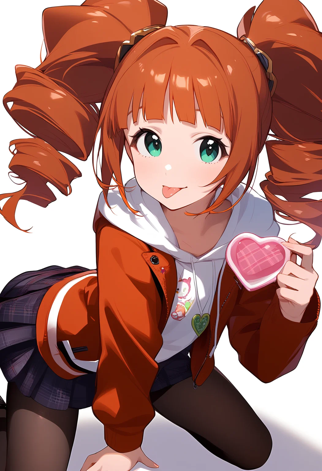 1girl,
takatsuki yayoi,
solo, twintails, drill hair, alternate costume, plaid, skirt, simple background, arm support, hand up, jacket, green eyes, blush, shirt, hood, heart, looking at viewer, striped jacket, :p, striped clothes, long sleeves, miniskirt, plaid skirt, kneeling, orange hoodie, hoodie, white shirt, blunt bangs, white background, pantyhose, tongue, red jacket, orange hair, tongue out, twin drills,
sfw
<lora:a31_char_new_takatsuki_yayoi:1> <lora:a31_style_koni-000010:0.8>