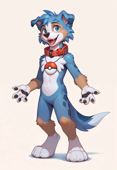 <lora:kade_nicole_pny-15:0.8> kade (savestate), solo, simple background, white background, 1boy, animal ears, standing, blue hair, tail, full body, male focus, collar, furry, furry male, blue fur, two-tone fur, looking at viewer, smile, open mouth, poke necklace, score_9, score_8_up, score_7_up, score_6_up, score_5_up, score_4_up