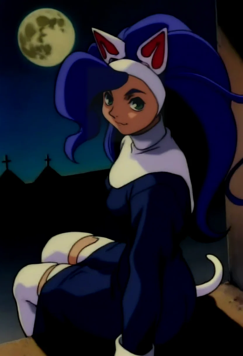 masterpiece, best quality, solo, looking at viewer, 1girl, <lora:Darkstalkers-Ova-illus_Fp:1>, 1990s \(style\), retro artstyle, felicia \(vampire\), nun, night, sitting, moon,