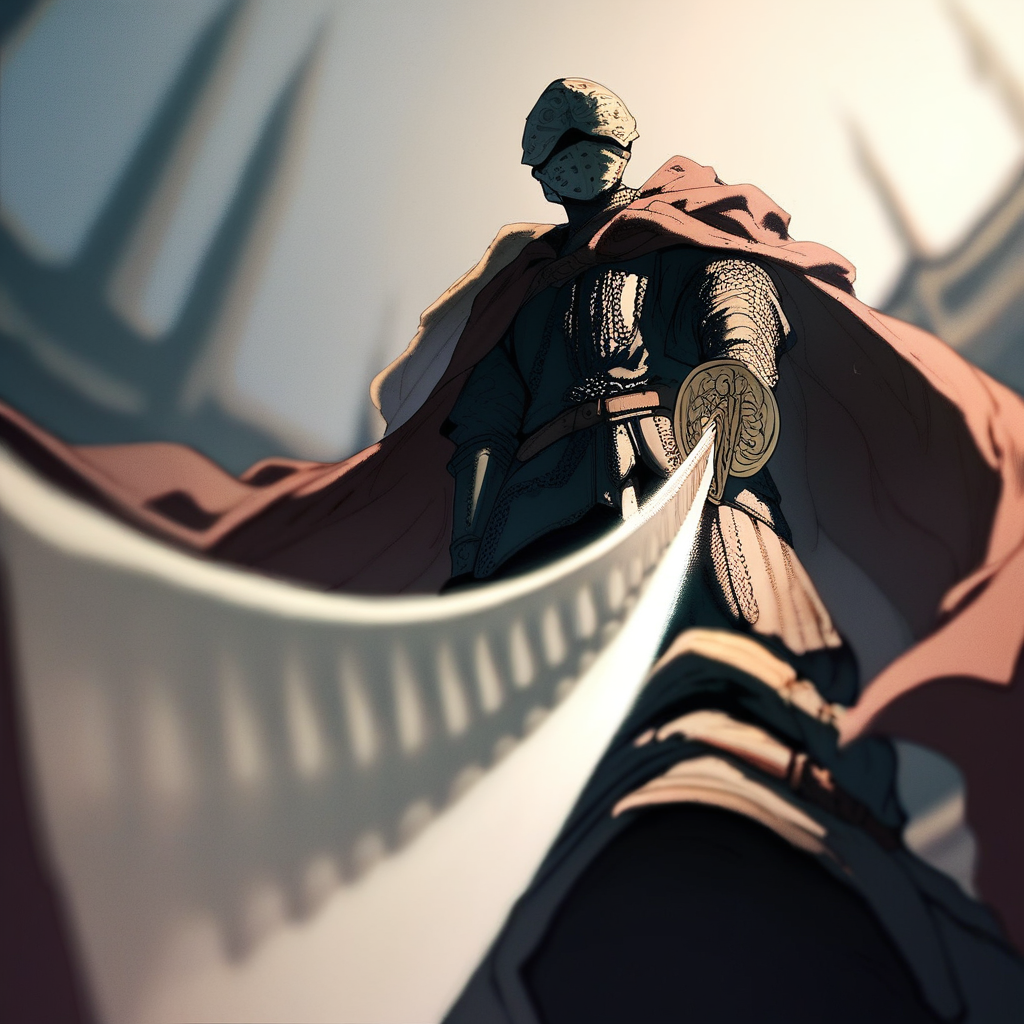 score_7_up, score_8_up, clos_pers, close-up, perspective, low angle, from below, 1boy, warrior, warrior outfit, flowing scarf, mask, covered face, sword focus, holding sword, sword, two-handed, depth of field, blurry foreground,