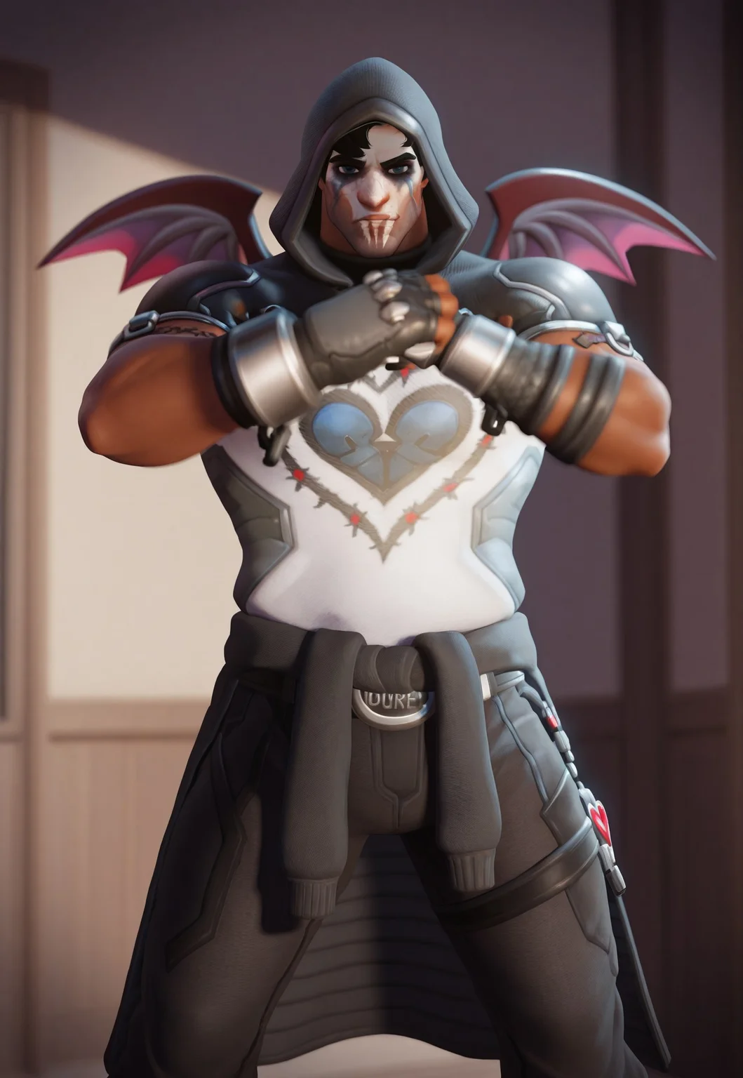 3d, source_realistic, reaper \(heartbreaker\) \(overwatch\), muscular, bara, dark skin, short hair, black hair, dark blue eyes, scar on face, scar on cheek, facial hair, facepaint, emotional, black hood, shirt, dark purple tattoo, fingerless gloves, bandaid, clothes around waist, belt, black pant, black devil wing, strike a pose, looking at viewer, very awa, masterpiece, best quality, absurdres, ultra-detailed face, newest, perfect quality, detailed background, depth of field, intricate details