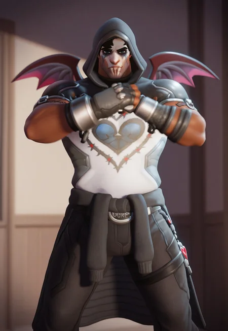 3d, source_realistic, reaper \(heartbreaker\) \(overwatch\), muscular, bara, dark skin, short hair, black hair, dark blue eyes, scar on face, scar on cheek, facial hair, facepaint, emotional, black hood, shirt, dark purple tattoo, fingerless gloves, bandaid, clothes around waist, belt, black pant, black devil wing, strike a pose, looking at viewer, very awa, masterpiece, best quality, absurdres, ultra-detailed face, newest, perfect quality, detailed background, depth of field, intricate details