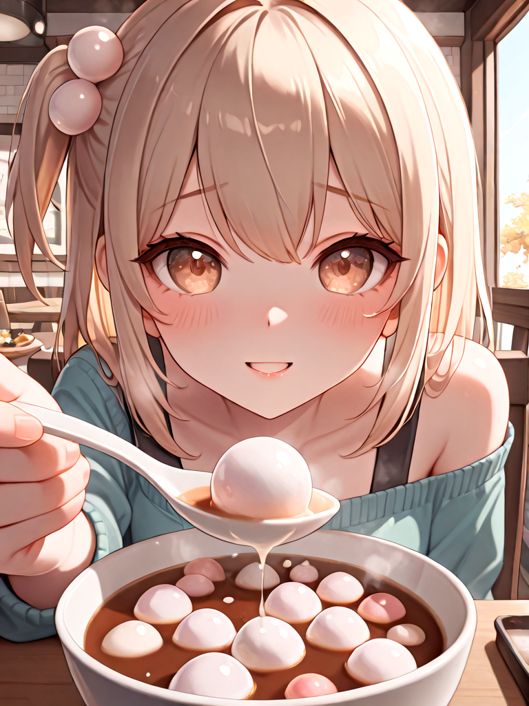 absurdres, explicit, tangyuan feeding, incoming food, blurry foreground, fisheye, pov, 1girl, shy, smile, holding spoon, hand up, sitting, soup, table, steam, steaming food, close-up, foreshortening, reaching towards viewer, one side up, blonde hair, hair ornament, parted lips, milf, <lora:girlliketangyuanfeeding_ilxl:0.8>