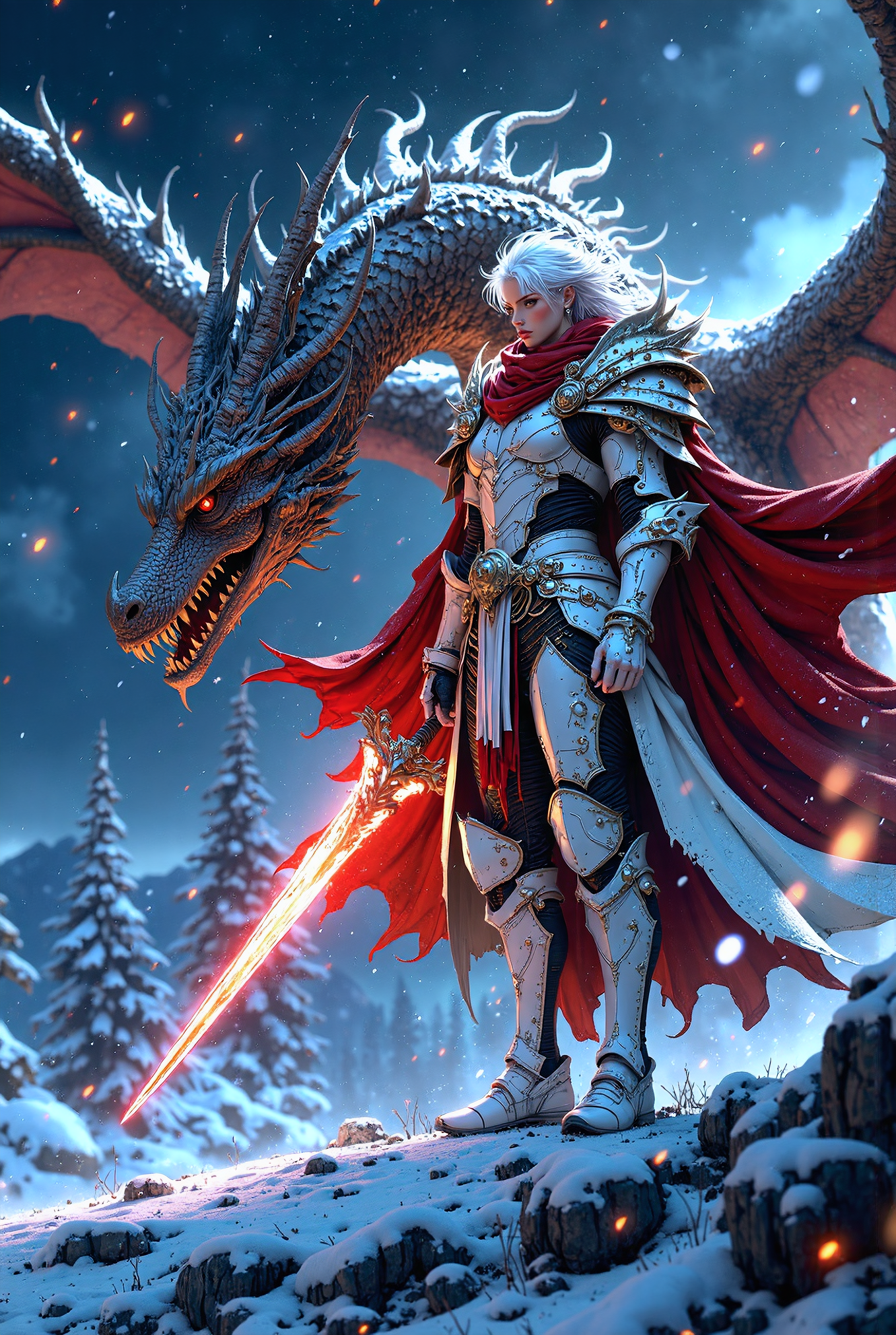 mythp0rt, A breathtaking scene in a hyper-realistic, dreamlike style, showcasing a powerful knight standing alongside a majestic flying dragon. The wide-angle lens captures the knight in his white and red hybrid armor, intricately detailed with perfect anatomy. His white hair and glowing white eyes reflect the hard light, creating a striking contrast against the night sky. The glowing, dazzling sword in his hand points forward, illuminating the snowy landscape as snowflakes gently fall around them. Sparks of light dance in the background, enhancing the depth of field and adding a touch of ethereal magic to the scene. The composition, with its ultra-detailed and UHD quality, embodies a masterpiece of epic proportions.