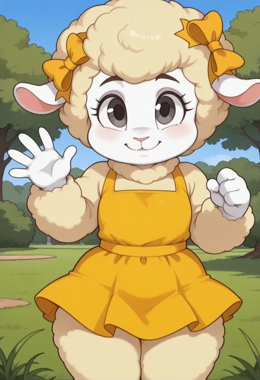 score_9,score_8_up,score_7_up,score_6_up, masterpiece, best quality, very aesthetic, 2d, ((thin lines)), detailed,
detailed background, outdoors, park, day, grass, blue sky,
BREAK
1girl, (face focus), solo, female, Perfect Body, (Perfect Anatomy),Woolma, sheep girl, wool, anthro, furry female, white skin, yellow wool, (non-human),
smile, looking at viewer,
yellow dress, yellow bow,
(cowboy shot:1.3), (from the front),
standing, waving at viewer, dynamic pose, wide stance,