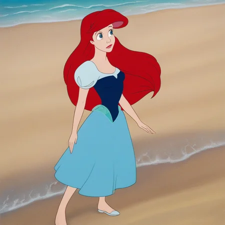 aqua-blue eyes, hourglass body, dress, Ariel, red hair, long hair, legs, beach,
