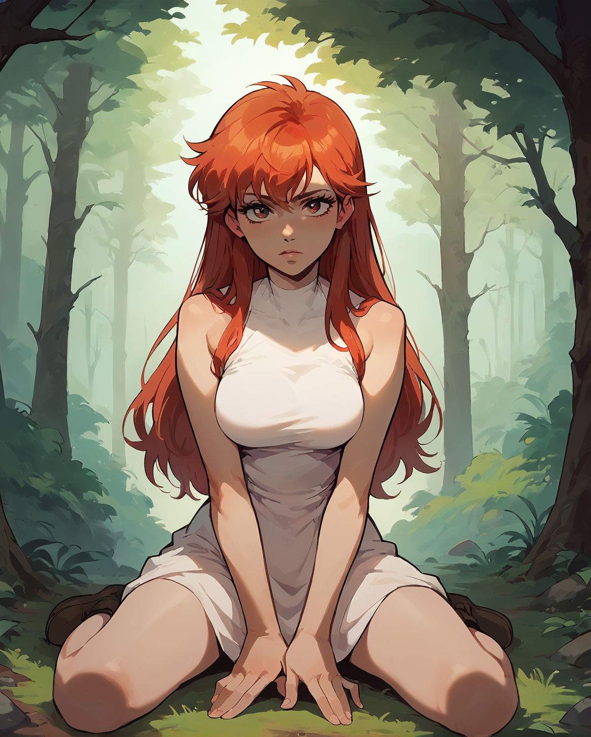 yoko, 1girl, red hair, solo, red eyes, long hair, wearing revealing white dress, flirty, kneeling on the ground, sexy pose, at forest <lora:fallen_ai_PONY_Tia_Noto_Yoko_Bastard:0.7>  <lora:IncaseLycoXL:1>, zPDXL, score_8_up, score_7_up, score_6_up, score_9, illustration, <lora:Concept Art Twilight Style SDXL_LoRA_Pony Diffusion V6 XL:0.75>