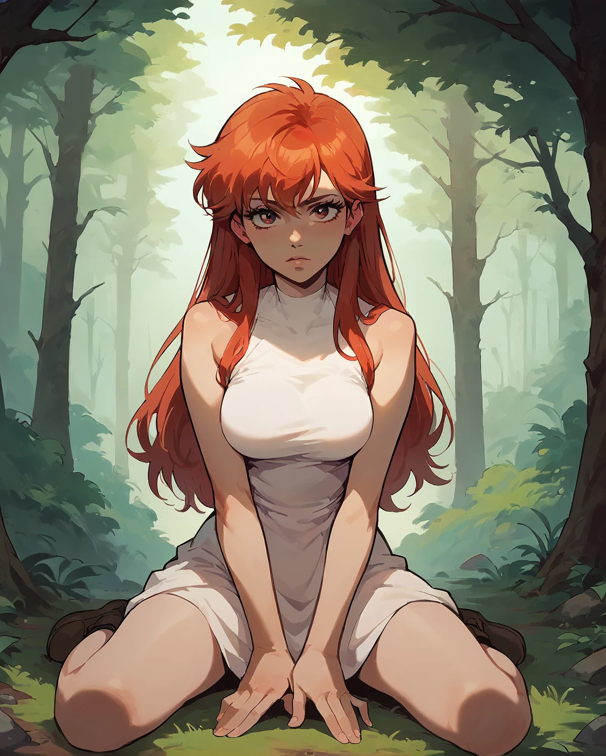 yoko, 1girl, red hair, solo, red eyes, long hair, wearing revealing white dress, flirty, kneeling on the ground, sexy pose, at forest <lora:fallen_ai_PONY_Tia_Noto_Yoko_Bastard:0.7>  <lora:IncaseLycoXL:1>, zPDXL, score_8_up, score_7_up, score_6_up, score_9, illustration, <lora:Concept Art Twilight Style SDXL_LoRA_Pony Diffusion V6 XL:0.75>