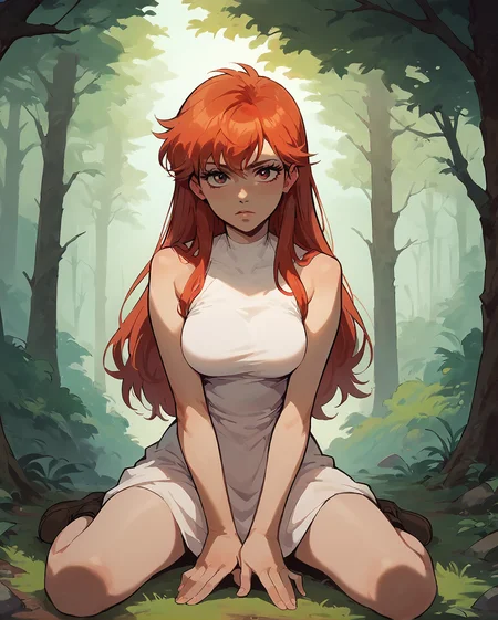 yoko, 1girl, red hair, solo, red eyes, long hair, wearing revealing white dress, flirty, kneeling on the ground, sexy pose, at forest <lora:fallen_ai_PONY_Tia_Noto_Yoko_Bastard:0.7> <lora:IncaseLycoXL:1>, zPDXL, score_8_up, score_7_up, score_6_up, score_9, illustration, <lora:Concept Art Twilight Style SDXL_LoRA_Pony Diffusion V6 XL:0.75>
