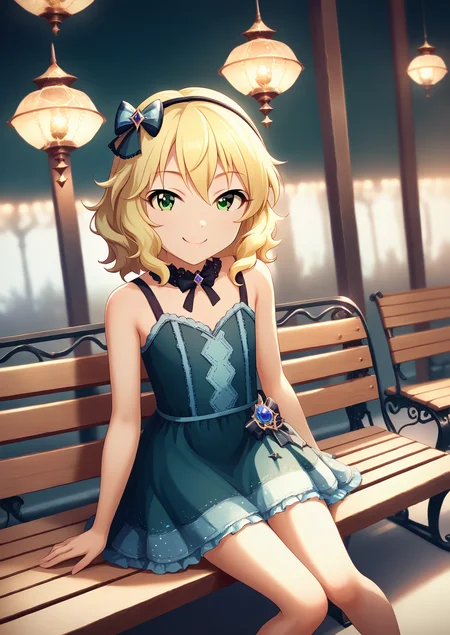 <lora:Anime Style 2 SDXL_LoRA_Pony Diffusion V6 XL:0.5>, score_9, score_8_up, score_7_up, source_anime, (masterpiece, best quality:1.2), extremely detailed, soft ambient lighting, sharp focus, 4K, BREAK <lora:SakuraiMomoka_pony_v1:1> skrimmk, 1girl, solo, short hair, blonde hair, wavy hair, hairband, hair bow, bangs, hair between eyes, green eyes, flat chest, red cute dress, idol dress, BREAK looking at viewer, smiling, happy, sitting on bench,